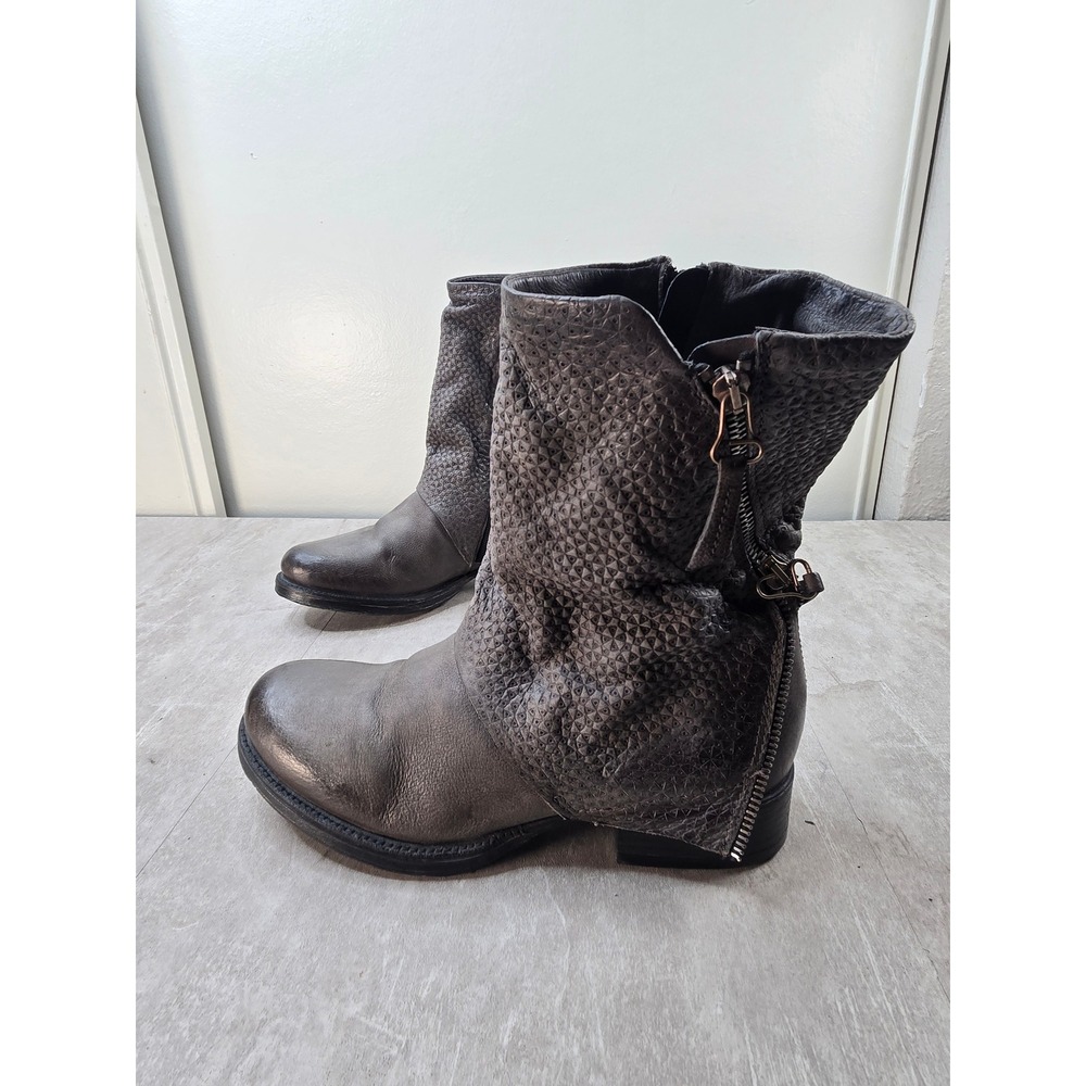 Miz Mooz Mid Calf Moto Boots Dark Grey Leather Slouchy Zip Biker Ankle Bootie